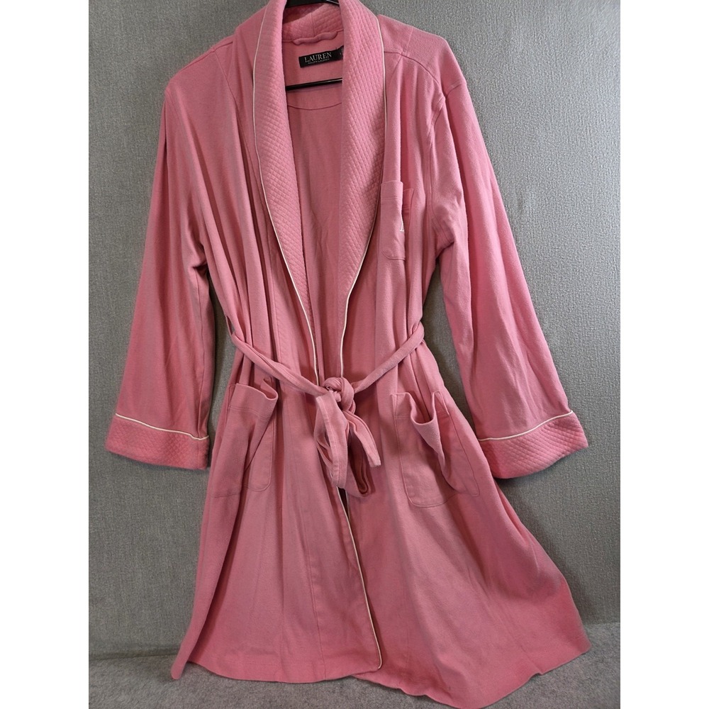 Lauren Ralph Lauren L Bath Robe Pink Herringbone Lounge Wear Belted Logo Cozy